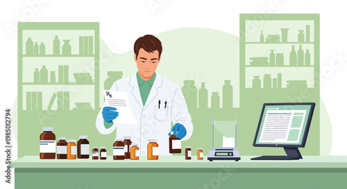 Pharmacist in white coat with prescription and bottles in pharmacy