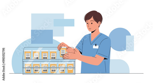 Pharmacist or healthcare worker arranging medication bottles in a pharmacy or hospital setting.