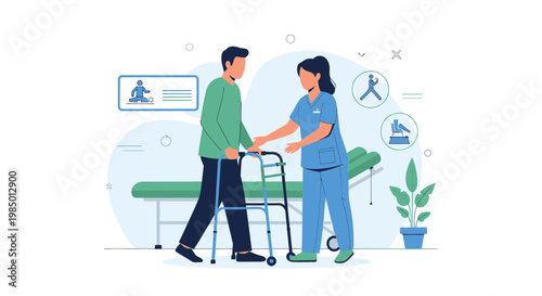 Physical therapist assisting patient with walker in rehabilitation clinic, recovery concept