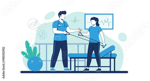 Physical therapist assisting patient with resistance band exercise in clinic