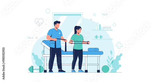 Physical therapist assisting patient with resistance band exercise in clinic