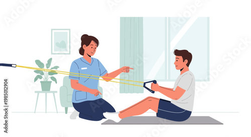 Physical therapist assisting patient with resistance band exercise for rehabilitation