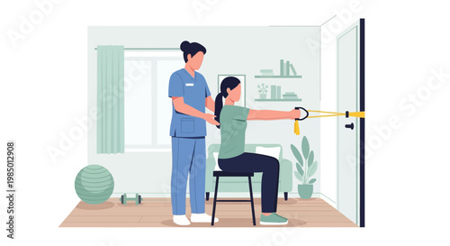 Physical therapist assisting patient with resistance band exercise for shoulder rehabilitation