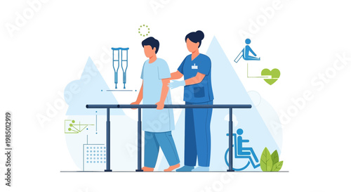 Physical therapist assisting patient with walking rehabilitation using parallel bars