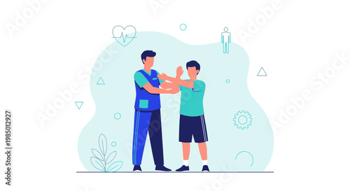 Physical therapist guiding a young boy through an exercise, promoting health and recovery.