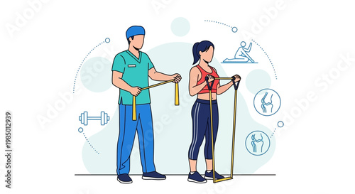 Physical therapist measures woman's progress with resistance band workout