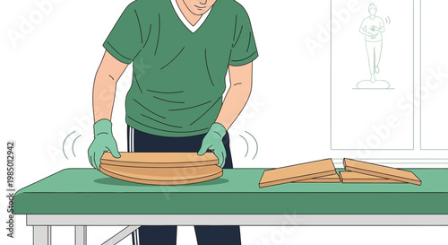 Physical therapist or doctor examining wooden orthopedic insoles for foot correction