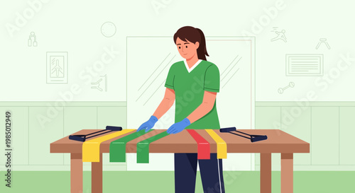 Physical therapist organizing resistance bands for rehabilitation exercises on a table