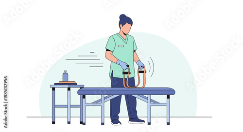 Physical therapist performing resistance band exercise on patient table with medical equipment