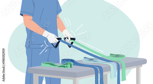 Physical therapist stretching resistance bands for patient rehabilitation and exercise