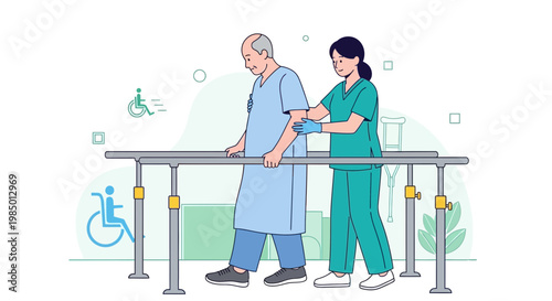 Physical therapy: elderly man walks with nurse support using parallel bars for rehabilitation