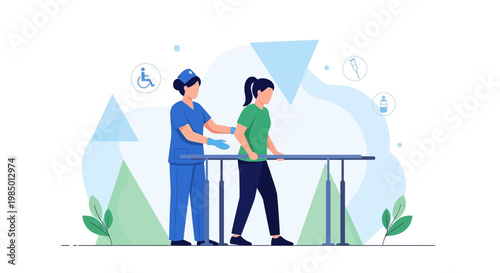 Physical therapy patient walking with assistance on parallel bars, rehabilitation concept