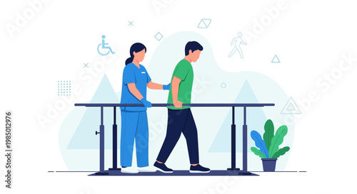 Physical therapy patient walking with assistance between parallel bars and therapist