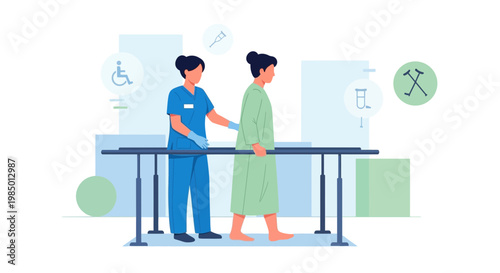 Physical therapy patient walking with nurse assistance on parallel bars for rehabilitation