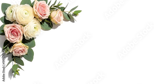 A beautiful bouquet of roses and greenery on a white background