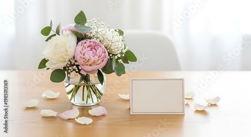 A beautiful bouquet of flowers in a vase on a wooden table