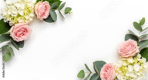 A beautiful floral arrangement with pink roses and white flowers on a clean white background