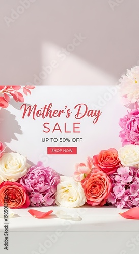 A vibrant Mother's Day sale advertisement with colorful flowers and discounts
