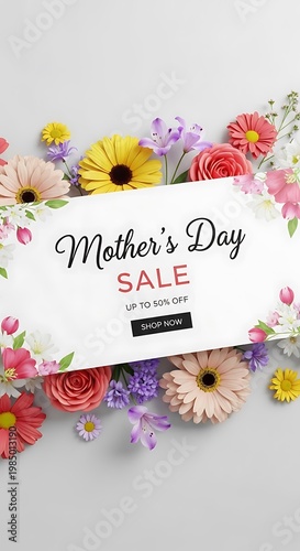 A colorful Mother's Day sale advertisement with vibrant flowers and a discount offer
