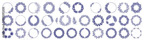 Flat Vector Icon Set Isolated on White: Purple Leafy Wreaths and Circular Floral Frames Set
