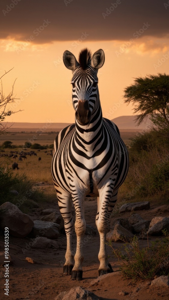 Fototapeta premium A majestic zebra standing in the wild savanna at sunset. The scene is serene and captures the beauty of nature.