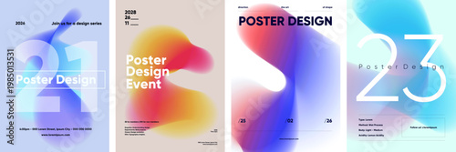 A collection of modern poster designs featuring abstract shapes and vibrant gradients. Each poster showcases unique typography and color schemes, perfect for creative events.