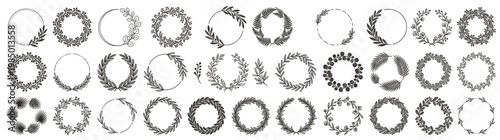 Minimalist Hand Drawn Vector Icons Isolated on White: Black Leafy Wreath and Floral Frames