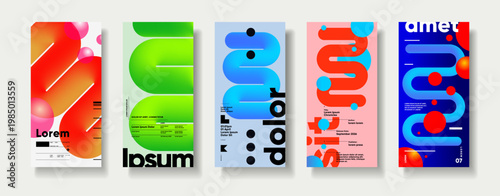 Set of five modern abstract posters featuring bold typography and vibrant gradients. Each design showcases a unique color palette and geometric shapes, perfect for creative projects.