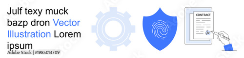 Cybersecurity, identity verification, digital signatures, data protection, authentication, legal documents. Gear and shield icons, contract with a hand signing. Cybersecurity and identity
