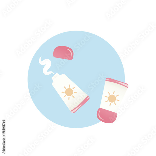 A clean and modern illustration featuring two tubes of sunscreen with pink caps and a yellow sun symbol on each. 