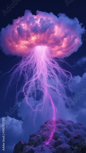 A dramatic sky with a large, pink lightning bolt striking down to a volcanic rock formation below.