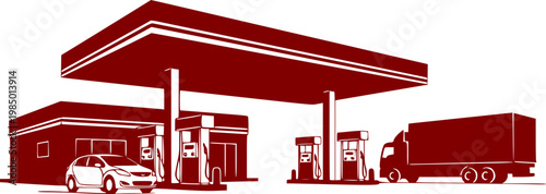 Red vector silhouette of a gas station with car and truck