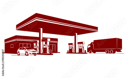 Red vector silhouette of a gas station with car and truck