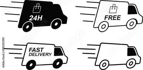 Fast Shipping Truck Icon Collection, Free Delivery, 24h Express Service, Speed Van Symbols on White Background Vector