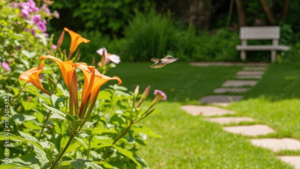 Fototapeta premium Vibrant green hummingbird soaring towards bright orange flowers.