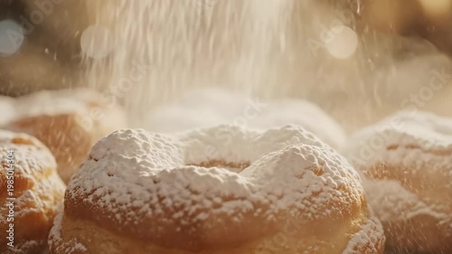 Cinematic close-up video of powdered sugar being poured on donuts