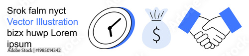 Business strategy, financial planning, time management, investment, partnership, efficiency. Clock, money bag handshake visuals. Time management and financial planning concepts