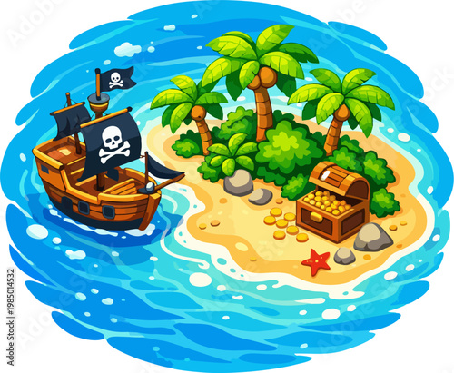 Pirate Island Vector Illustration, Cartoon Treasure Island with Pirate Ship Gold Chest Palm Trees and Ocean Waves