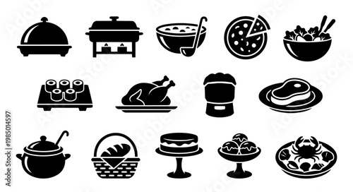 Buffet Food Silhouettes Set, All You Can Eat Restaurant and Catering Icons