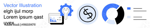 Business analysis, data visualization, financial management, technology integration, economic planning, process optimization. Gear icon, dollar sign charts. Business analysis and data visualization