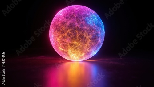 A round pink and blue LED light bulb that glows with the energy efficiency of renewable energy. This modern decoration is an innovative piece for any room.