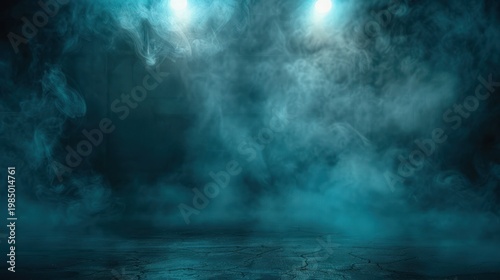 Moody, atmospheric, teal-hued scene. Wispy, illuminated vapor obscures a concrete floor