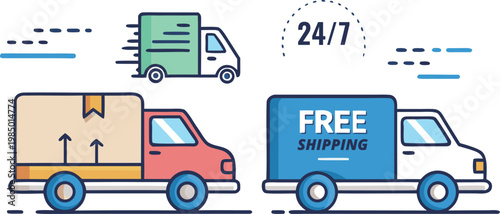 Fast Shipping Truck Icon Collection, Free Delivery, 24h Express Service, Speed Van Symbols on White Background Vector