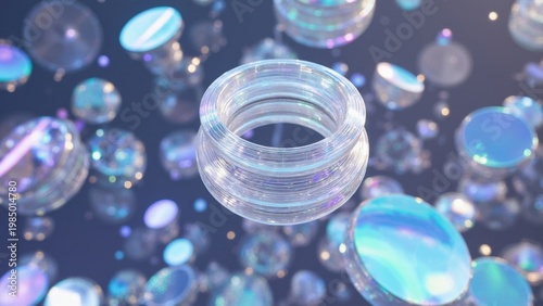 Glass ring with a glittery design, set against blue sparkles.