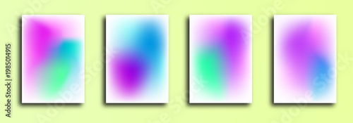 Set of four vibrant smooth blurred gradient backgrounds with soft pastel and neon color blends, creating a modern and dreamy aesthetic for posters, banners, flyers and brochures. Vector illustration.