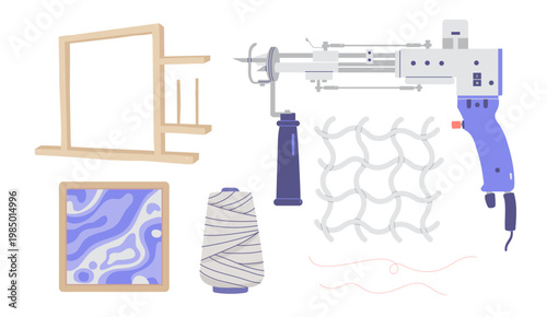 Tufting craft tools and materials, flat vector illustrations