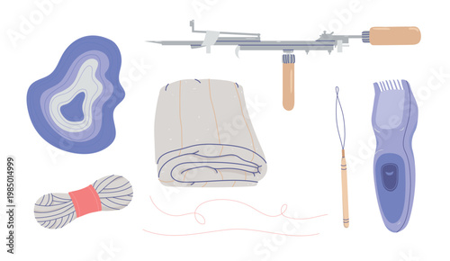 Tufting craft tools and materials, flat vector illustrations