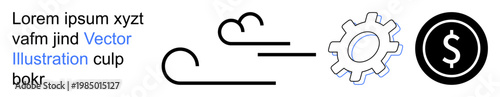 Business strategy, economic systems, workflow, financial operations, development processes, renewable energy. Gear and dollar sign connected by dynamic lines signify growth and value. Financial