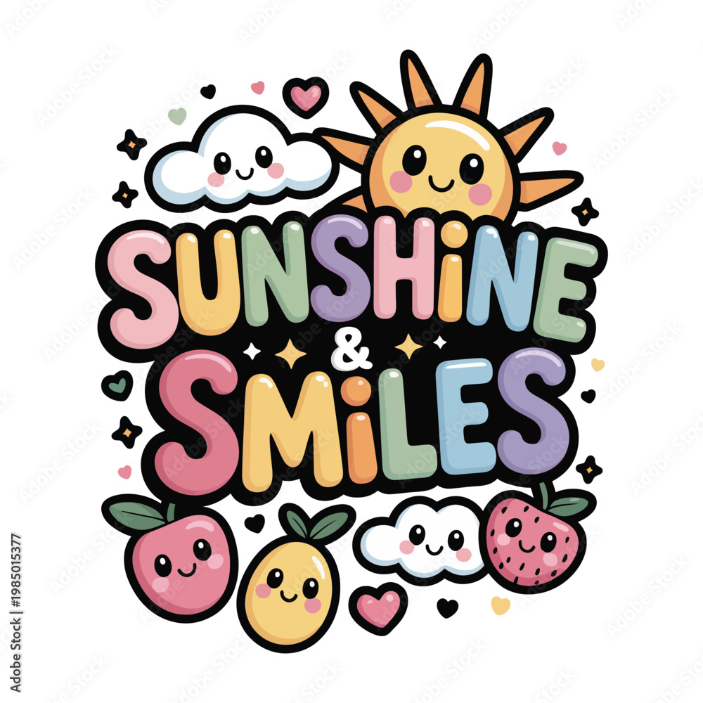 Fototapeta premium Sunshine and smiles are depicted with happy cartoon fruits and clouds, conveying a positive and cheerful message for children's products or uplifting graphics.