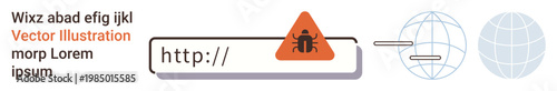 Cybersecurity, online threats, phishing, malware, internet security, hacking prevention. Bug icon within a warning triangle next to a URL, globe symbols web threats. Cybersecurity and online threats